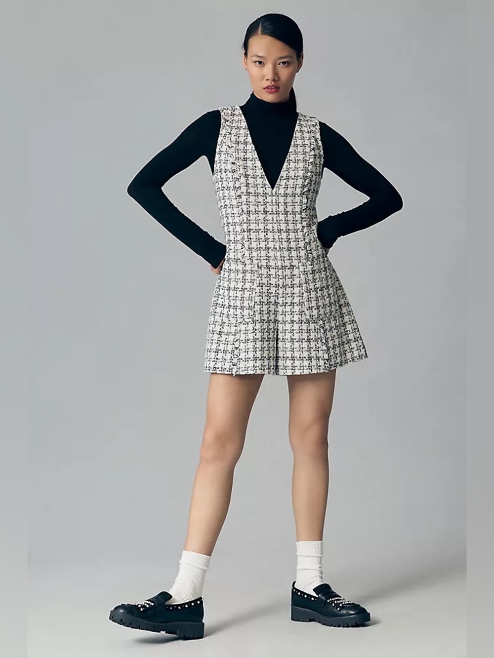 Mare Mare x Anthropologie Sleeveless Black & White Tweed V-Neck Romper NWT S